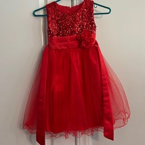Red dress with sequin top and tie sash
